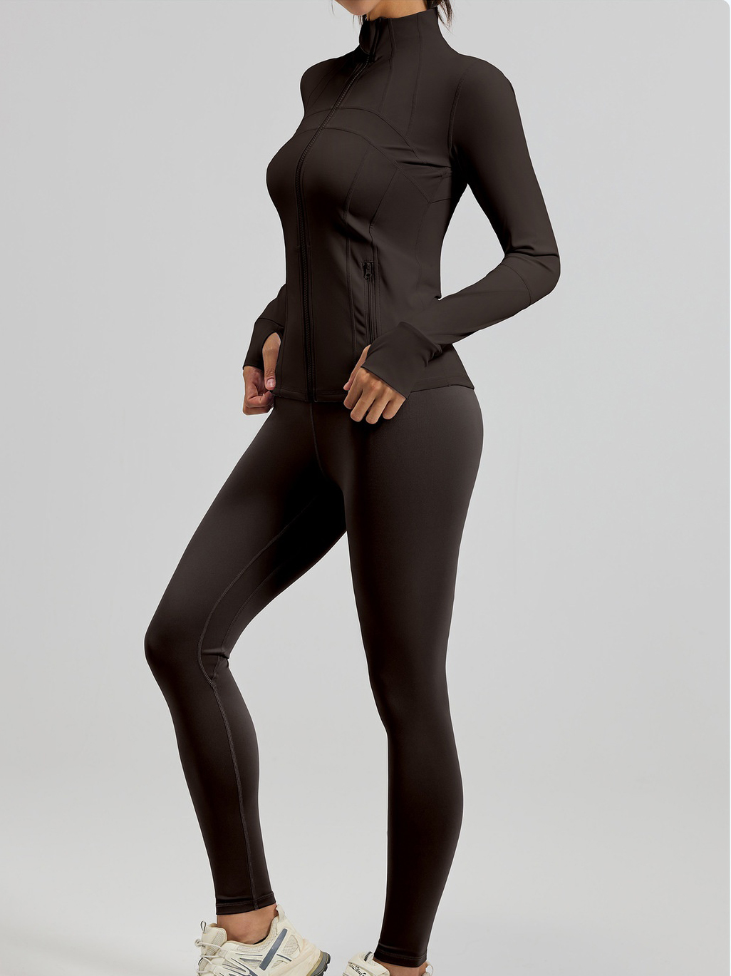 Simple Hot Sexy Seamless Yoga Set Stand Jacket With Zipper Pockets Quick Dry Comfort Sports Pants Women Workout Fitness Yoga Set