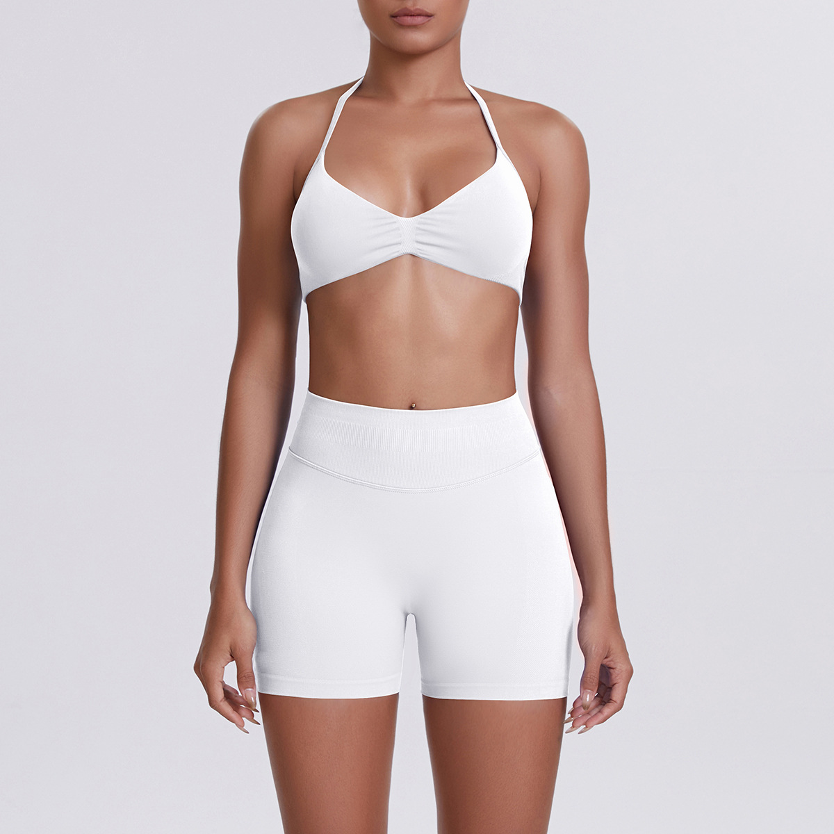 Women Halter Neck Yoga 2-Piece Outfit, Gathered Front Sports Bra 32 Colors, High Waist Peach Butt Biker Shorts 32 Colors, YFYS6702+YFYS6688