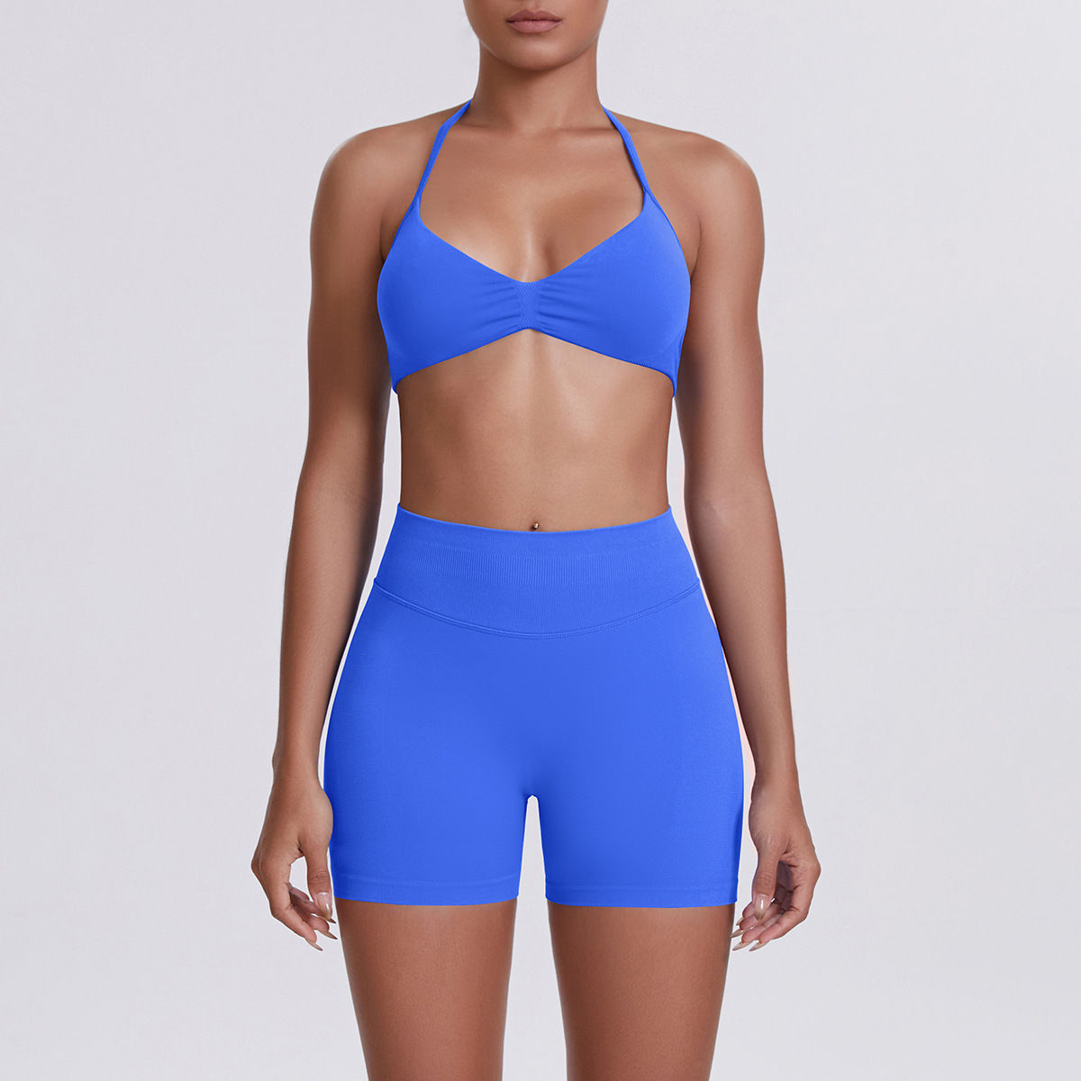 Women Halter Neck Yoga 2-Piece Outfit, Gathered Front Sports Bra 32 Colors, High Waist Peach Butt Biker Shorts 32 Colors, YFYS6702+YFYS6688