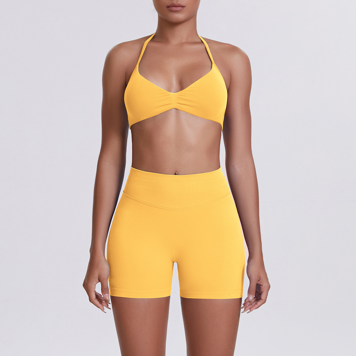 Women Halter Neck Yoga 2-Piece Outfit, Gathered Front Sports Bra 32 Colors, High Waist Peach Butt Biker Shorts 32 Colors, YFYS6702+YFYS6688