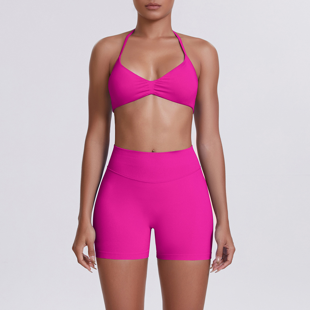 Women Halter Neck Yoga 2-Piece Outfit, Gathered Front Sports Bra 32 Colors, High Waist Peach Butt Biker Shorts 32 Colors, YFYS6702+YFYS6688