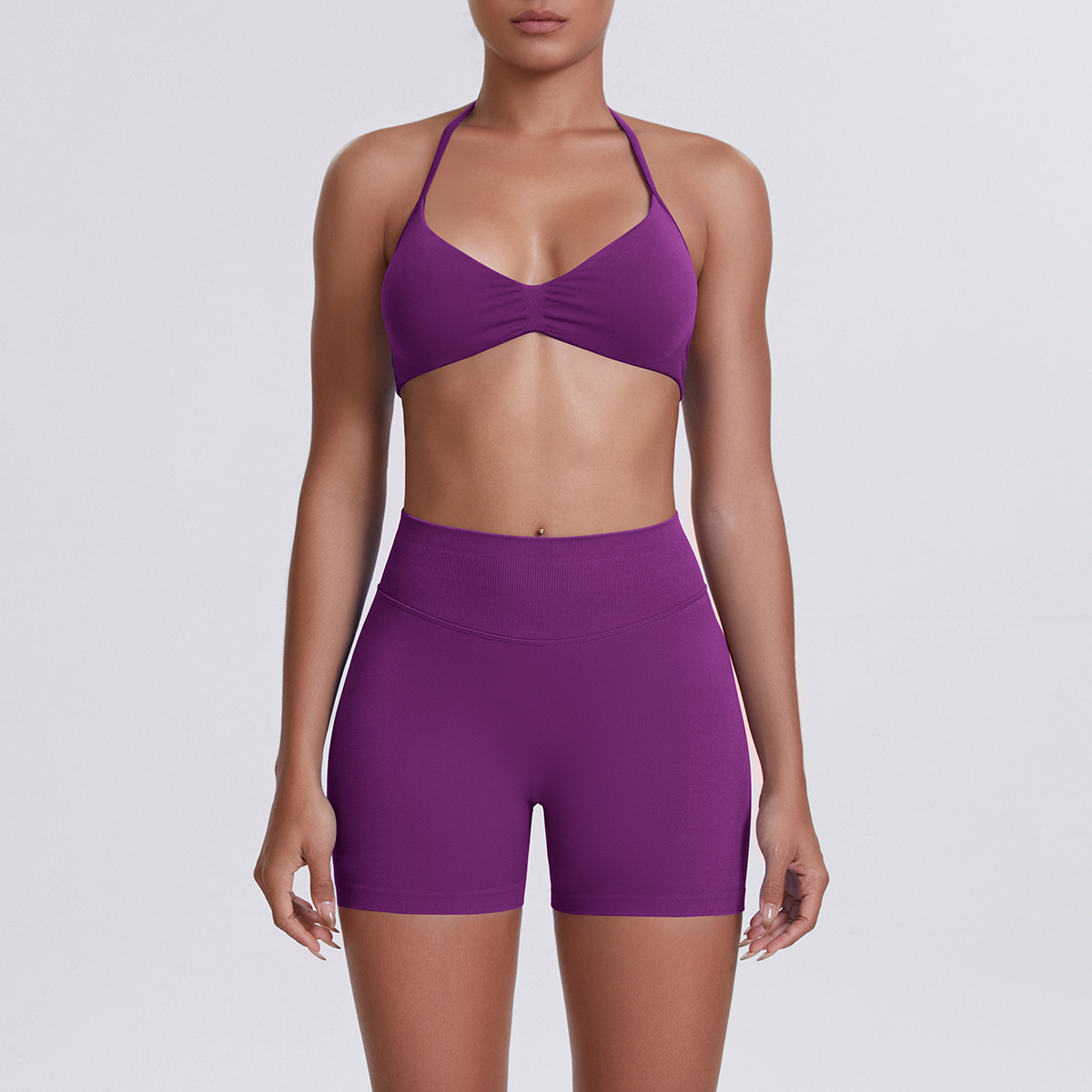 Women Halter Neck Yoga 2-Piece Outfit, Gathered Front Sports Bra 32 Colors, High Waist Peach Butt Biker Shorts 32 Colors, YFYS6702+YFYS6688
