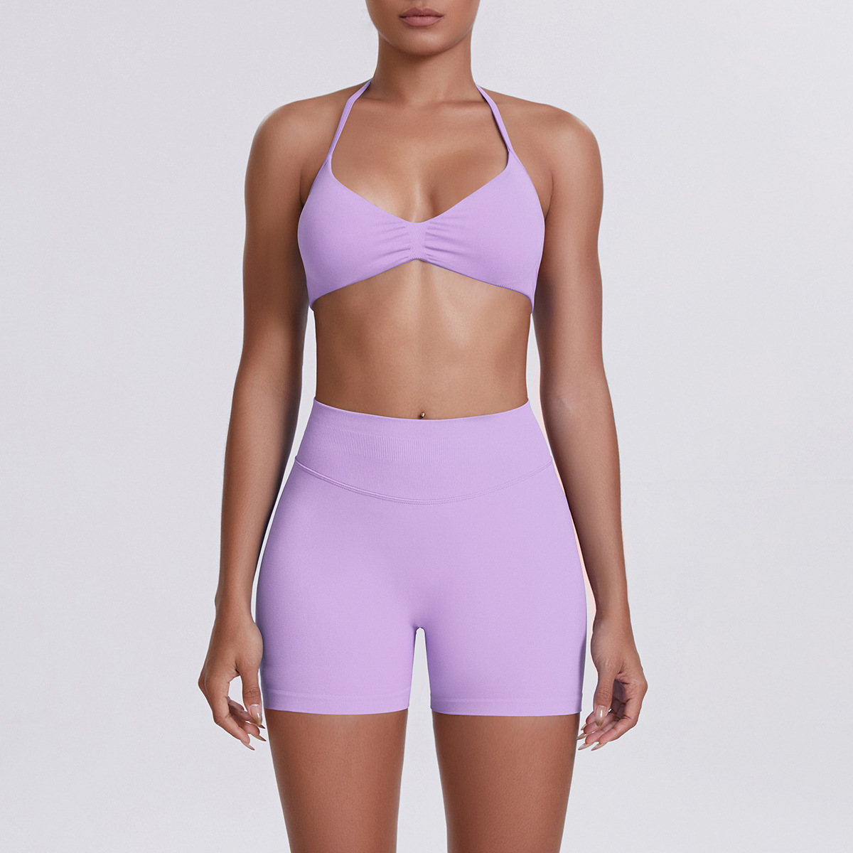 Women Halter Neck Yoga 2-Piece Outfit, Gathered Front Sports Bra 32 Colors, High Waist Peach Butt Biker Shorts 32 Colors, YFYS6702+YFYS6688