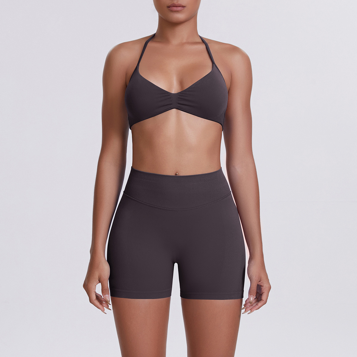 Women Halter Neck Yoga 2-Piece Outfit, Gathered Front Sports Bra 32 Colors, High Waist Peach Butt Biker Shorts 32 Colors, YFYS6702+YFYS6688