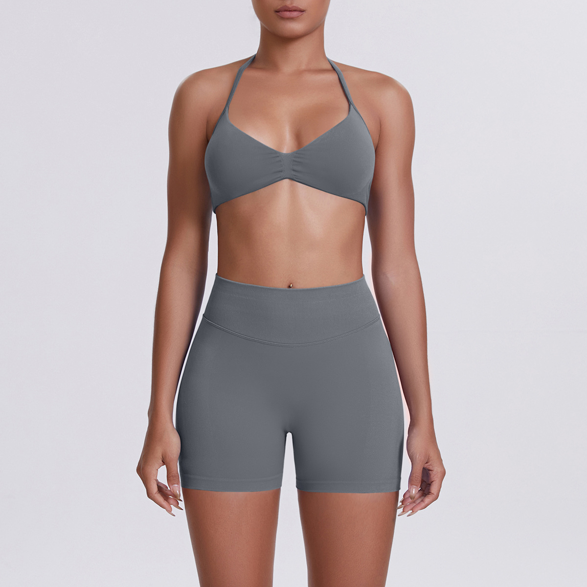 Women Halter Neck Yoga 2-Piece Outfit, Gathered Front Sports Bra 32 Colors, High Waist Peach Butt Biker Shorts 32 Colors, YFYS6702+YFYS6688