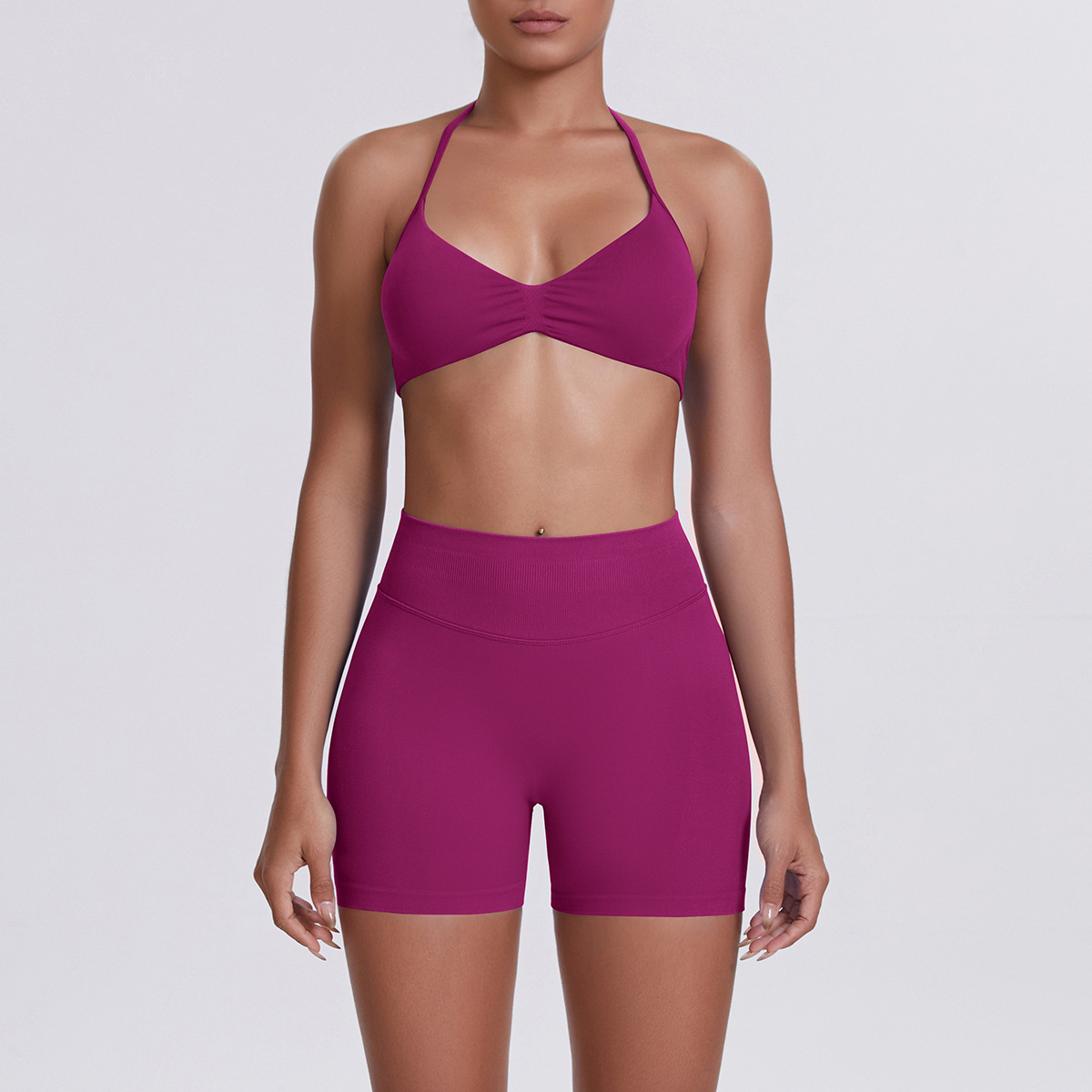 Women Halter Neck Yoga 2-Piece Outfit, Gathered Front Sports Bra 32 Colors, High Waist Peach Butt Biker Shorts 32 Colors, YFYS6702+YFYS6688