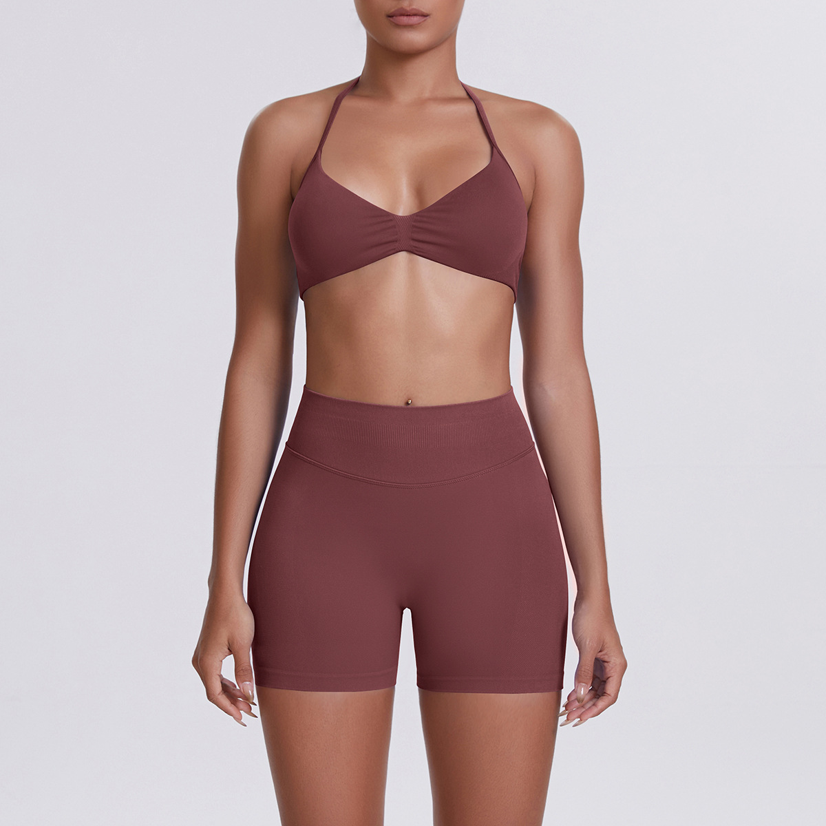 Women Halter Neck Yoga 2-Piece Outfit, Gathered Front Sports Bra 32 Colors, High Waist Peach Butt Biker Shorts 32 Colors, YFYS6702+YFYS6688