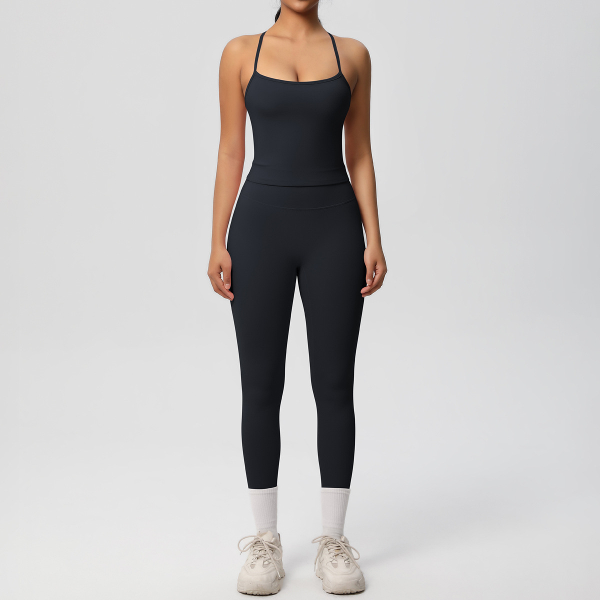 Light Support Gym Suit, Thin Strap Back Long Camisole 15 Colors, Anti Roll Hip Lifting Workout Leggings 15 Colors, YFYS7107+YFYS7100