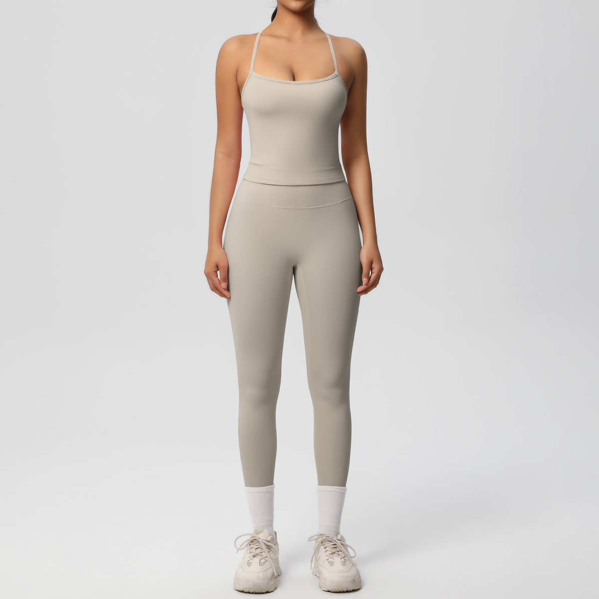 Light Support Gym Suit, Thin Strap Back Long Camisole 15 Colors, Anti Roll Hip Lifting Workout Leggings 15 Colors, YFYS7107+YFYS7100