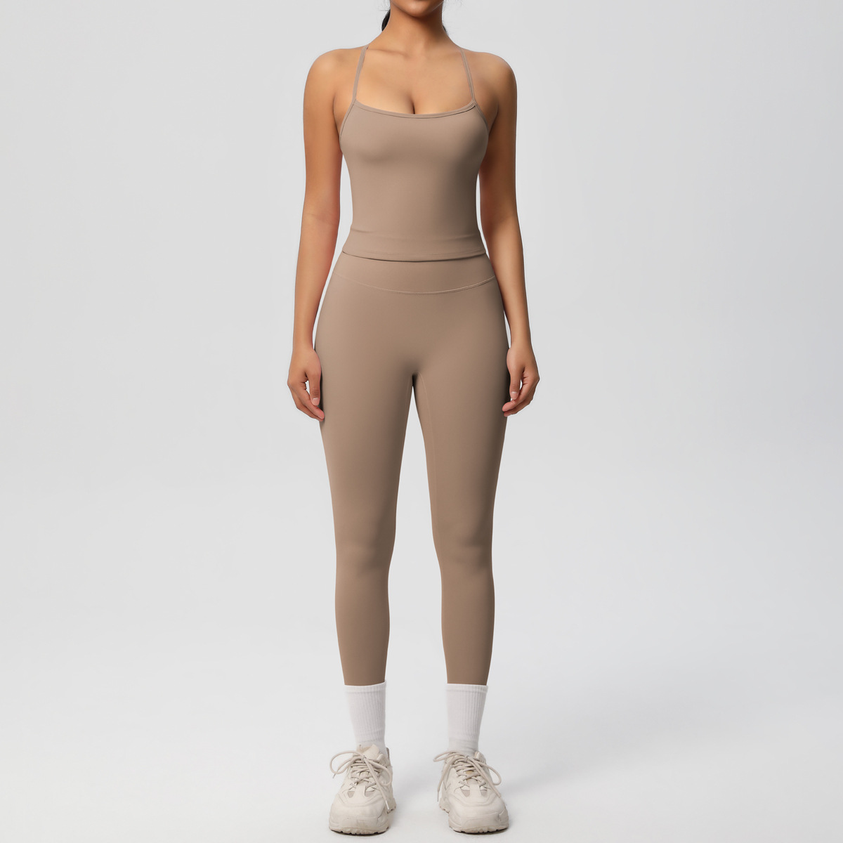 Light Support Gym Suit, Thin Strap Back Long Camisole 15 Colors, Anti Roll Hip Lifting Workout Leggings 15 Colors, YFYS7107+YFYS7100