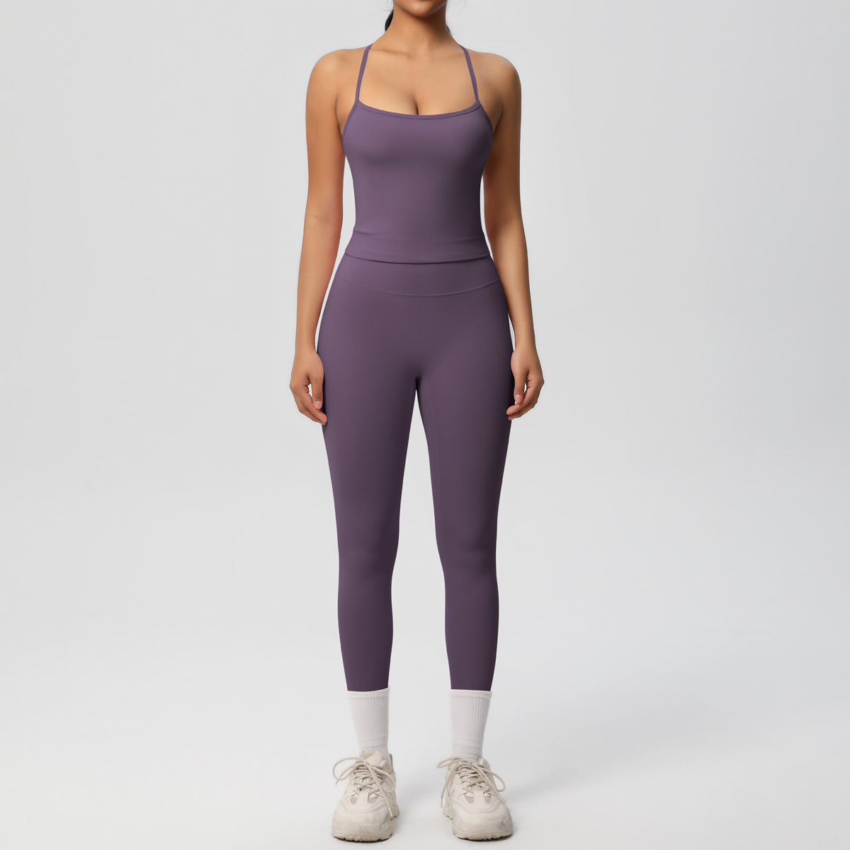 Light Support Gym Suit, Thin Strap Back Long Camisole 15 Colors, Anti Roll Hip Lifting Workout Leggings 15 Colors, YFYS7107+YFYS7100