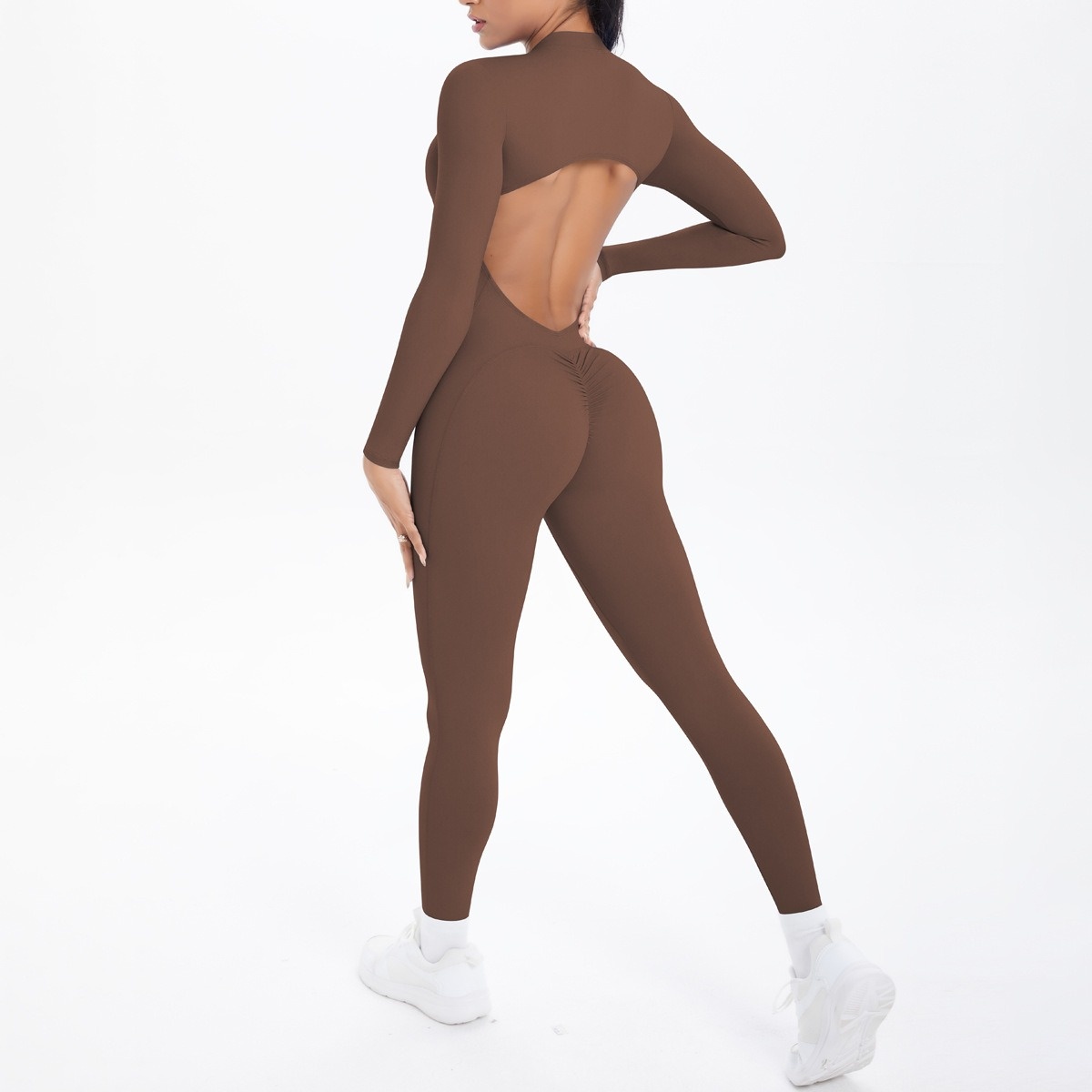 Open-Back Cutout Long-Sleeve Butt-Lifting Bodysuit 5 Colors YFYS6696