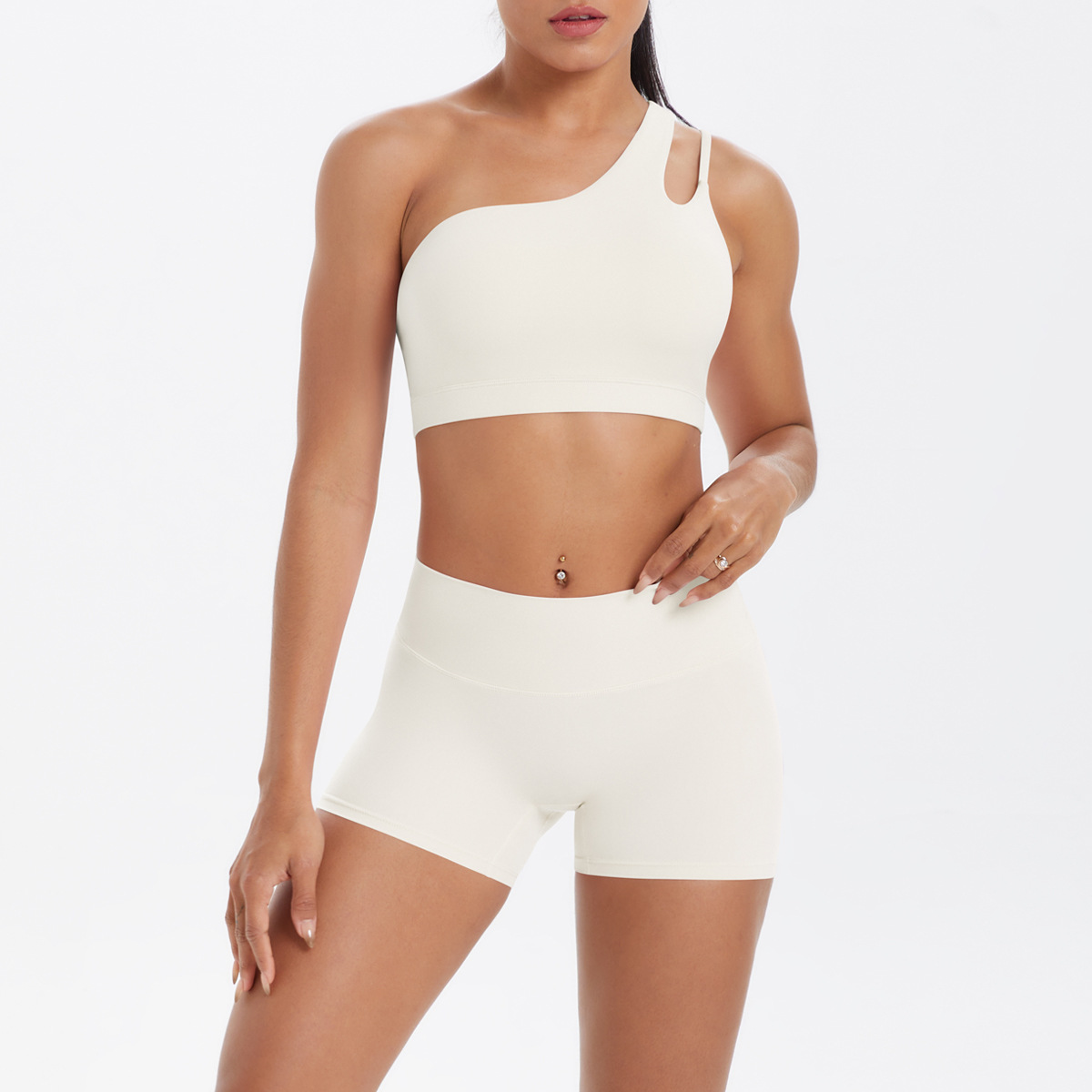 Women One Shoulder Cutout Yoga 2-Piece Outfit, Asymmetric Hollow Back Sports Bra 10 Colors, High Waist Butt Lifting Biker Shorts 10 Colors, YFYS7114+YFYS7101