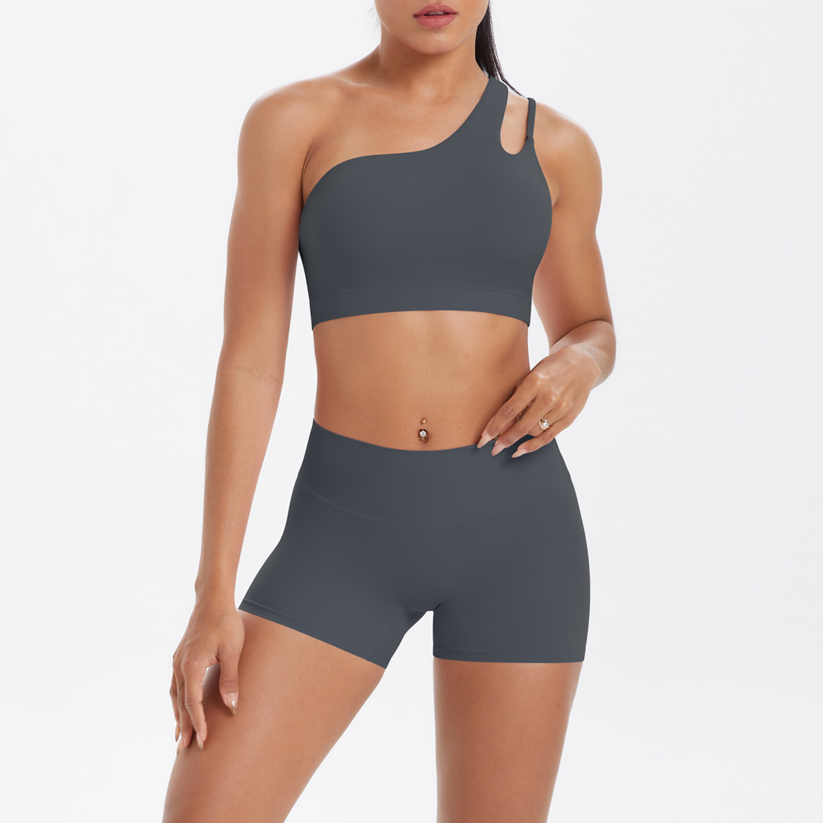 Women One Shoulder Cutout Yoga 2-Piece Outfit, Asymmetric Hollow Back Sports Bra 10 Colors, High Waist Butt Lifting Biker Shorts 10 Colors, YFYS7114+YFYS7101
