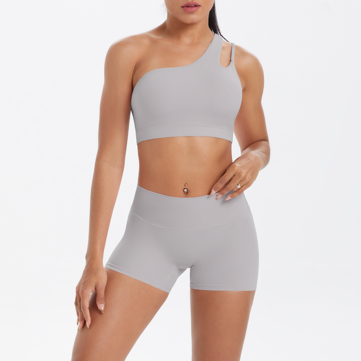 Women One Shoulder Cutout Yoga 2-Piece Outfit, Asymmetric Hollow Back Sports Bra 10 Colors, High Waist Butt Lifting Biker Shorts 10 Colors, YFYS7114+YFYS7101