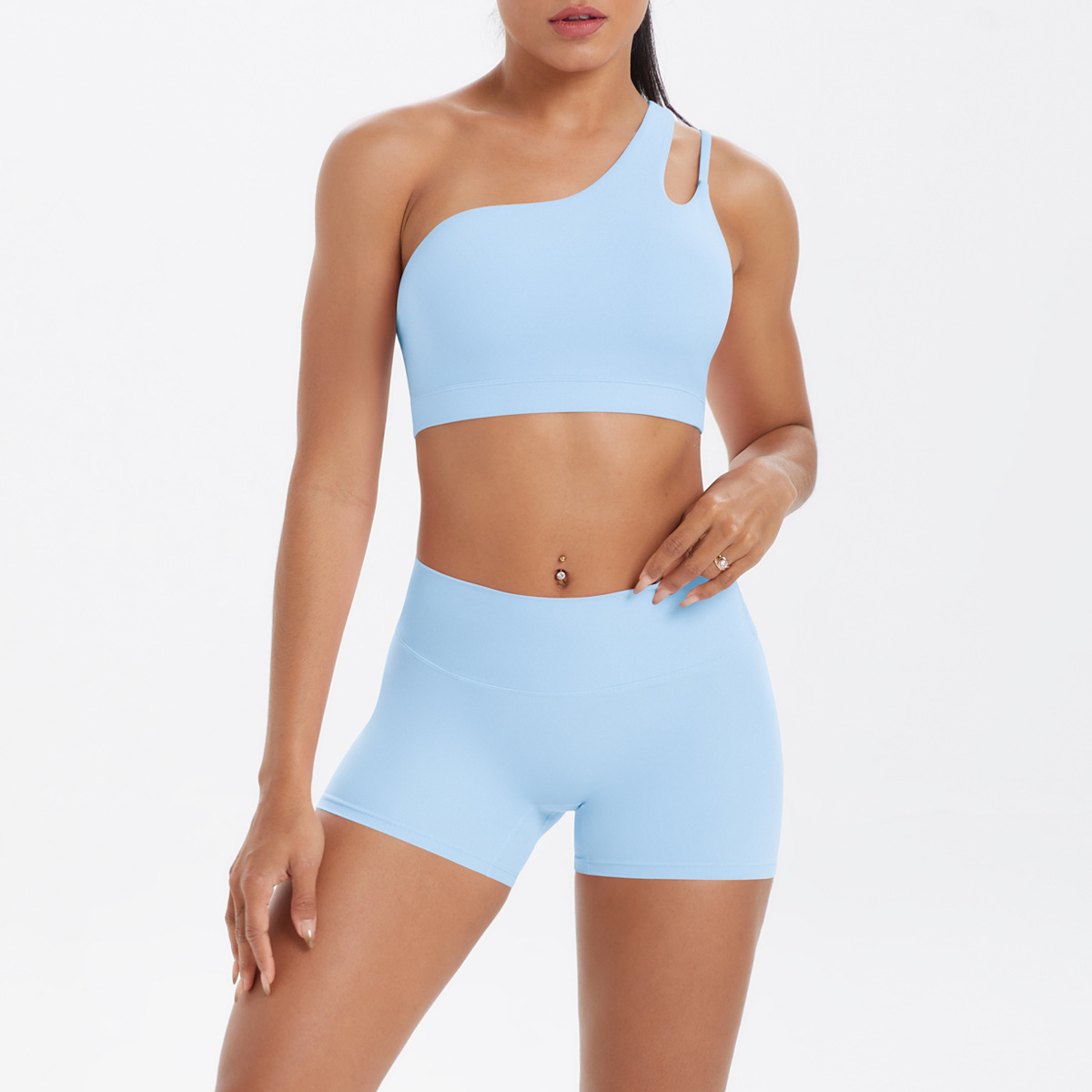Women One Shoulder Cutout Yoga 2-Piece Outfit, Asymmetric Hollow Back Sports Bra 10 Colors, High Waist Butt Lifting Biker Shorts 10 Colors, YFYS7114+YFYS7101