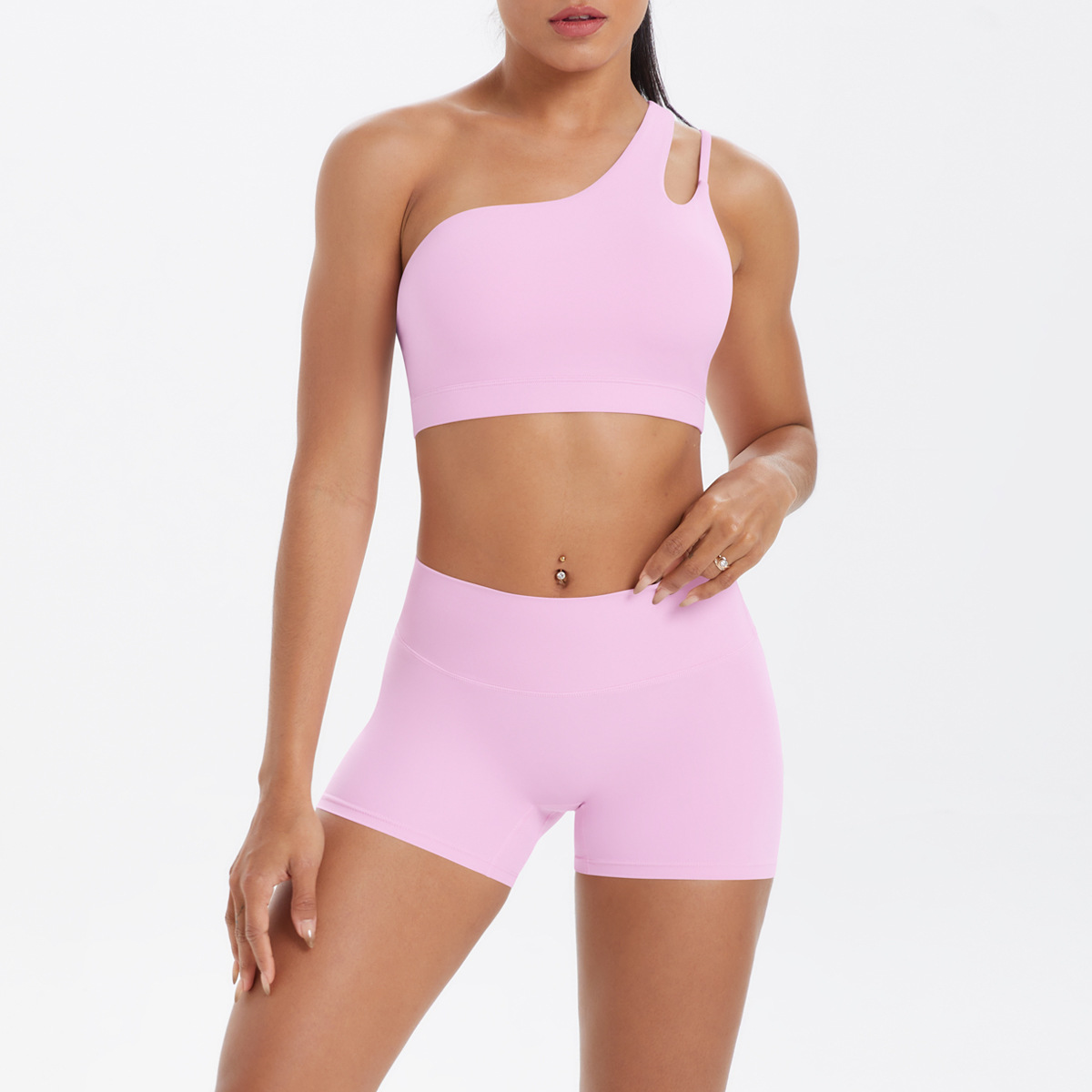 Women One Shoulder Cutout Yoga 2-Piece Outfit, Asymmetric Hollow Back Sports Bra 10 Colors, High Waist Butt Lifting Biker Shorts 10 Colors, YFYS7114+YFYS7101