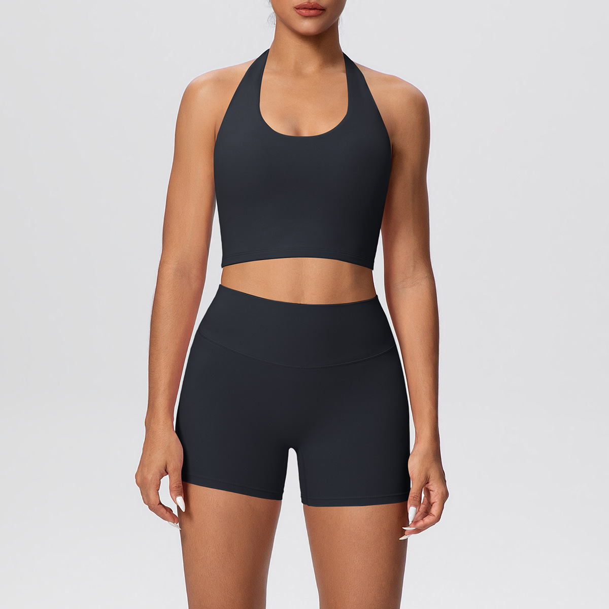 Women Halter U Neck Yoga 2-Piece Outfit, Hollow Back Halter Sports Bra 7 Colors, High Waist Butt Lifting Biker Shorts 7 Colors, YFYS7125+YFYS7101