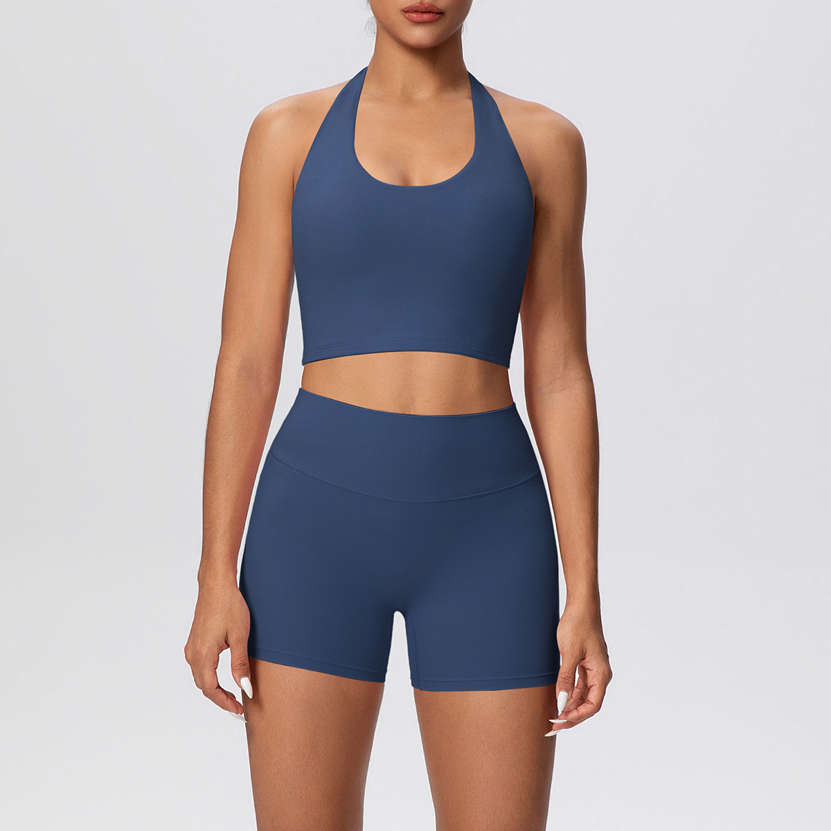Women Halter U Neck Yoga 2-Piece Outfit, Hollow Back Halter Sports Bra 7 Colors, High Waist Butt Lifting Biker Shorts 7 Colors, YFYS7125+YFYS7101