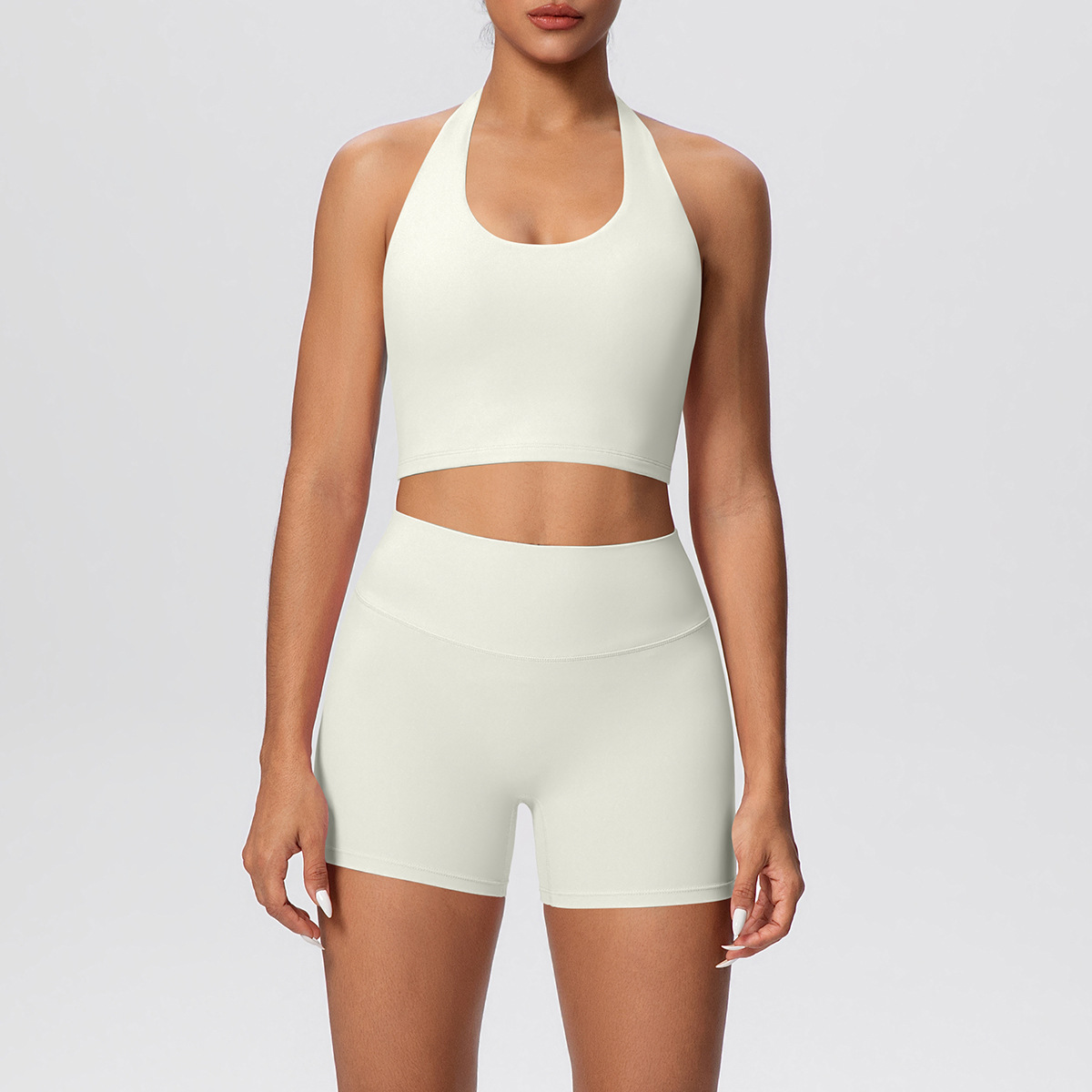 Women Halter U Neck Yoga 2-Piece Outfit, Hollow Back Halter Sports Bra 7 Colors, High Waist Butt Lifting Biker Shorts 7 Colors, YFYS7125+YFYS7101