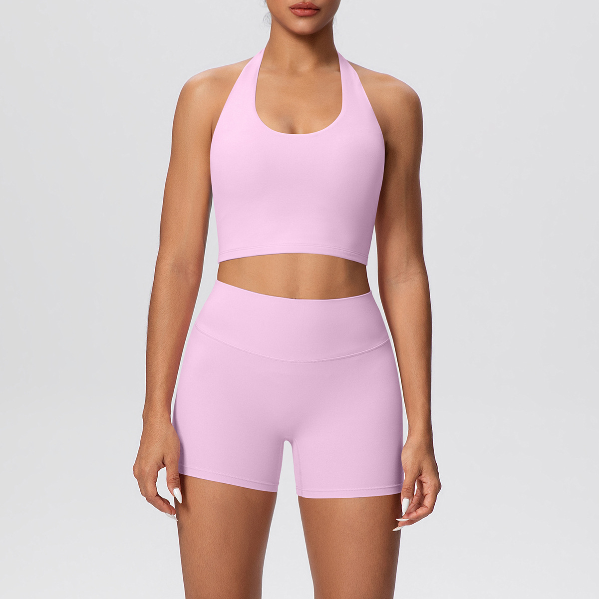 Women Halter U Neck Yoga 2-Piece Outfit, Hollow Back Halter Sports Bra 7 Colors, High Waist Butt Lifting Biker Shorts 7 Colors, YFYS7125+YFYS7101