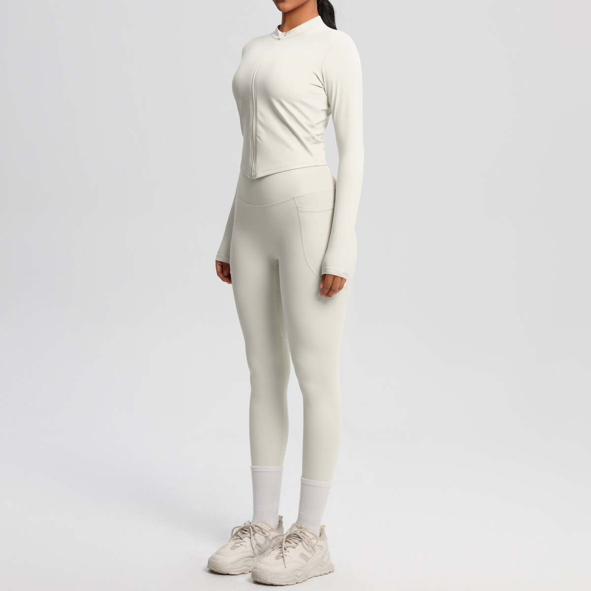 Daily Casual Matching Outfit, Thumb Hole Zip Long Sleeve Top 10 Colors, Hidden Pocket Slim Fit Yoga Pants 10 Colors, YFYS7106+YFYS7108