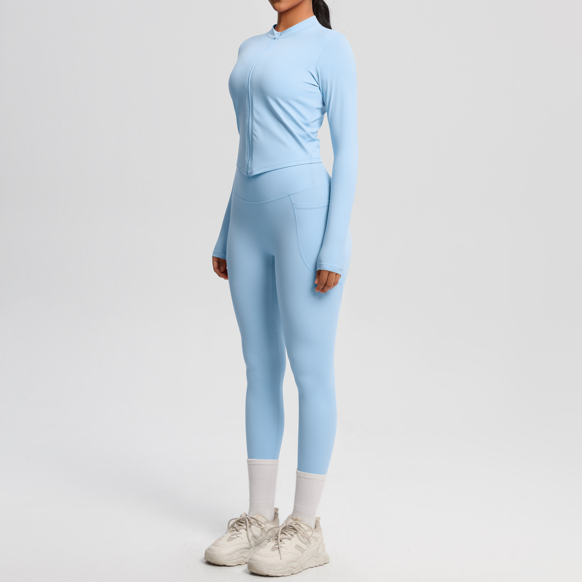 Daily Casual Matching Outfit, Thumb Hole Zip Long Sleeve Top 10 Colors, Hidden Pocket Slim Fit Yoga Pants 10 Colors, YFYS7106+YFYS7108