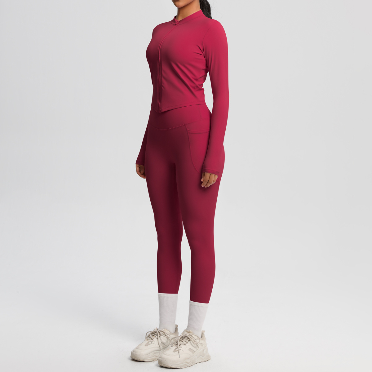 Daily Casual Matching Outfit, Thumb Hole Zip Long Sleeve Top 10 Colors, Hidden Pocket Slim Fit Yoga Pants 10 Colors, YFYS7106+YFYS7108