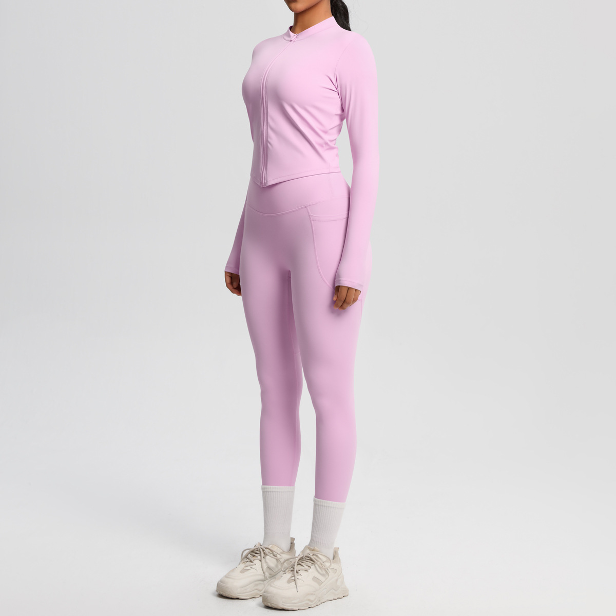 Daily Casual Matching Outfit, Thumb Hole Zip Long Sleeve Top 10 Colors, Hidden Pocket Slim Fit Yoga Pants 10 Colors, YFYS7106+YFYS7108
