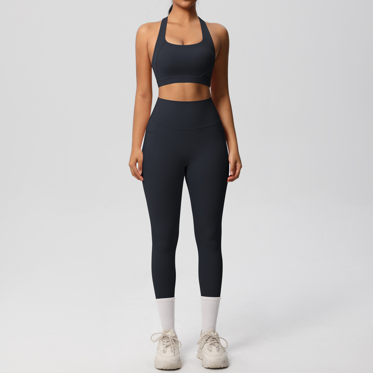 Daily Casual Matching Outfit, Cross Back Athletic Bra 10 Colors, Hidden Pocket Slim Fit Yoga Pants 10 Colors, YFYS7110+YFYS7108