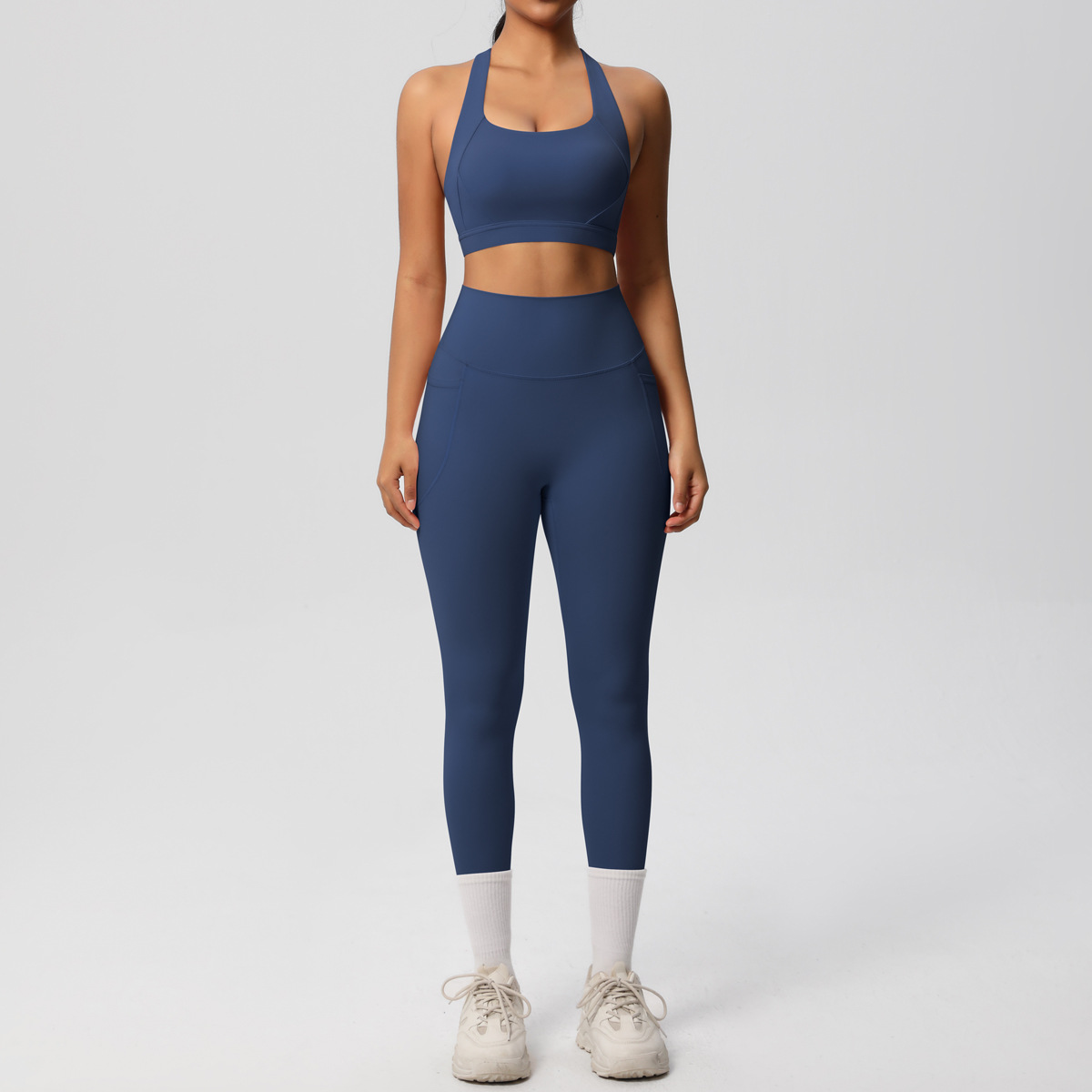 Daily Casual Matching Outfit, Cross Back Athletic Bra 10 Colors, Hidden Pocket Slim Fit Yoga Pants 10 Colors, YFYS7110+YFYS7108