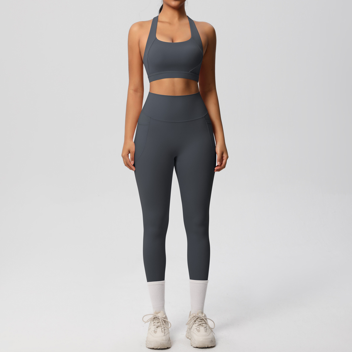 Daily Casual Matching Outfit, Cross Back Athletic Bra 10 Colors, Hidden Pocket Slim Fit Yoga Pants 10 Colors, YFYS7110+YFYS7108