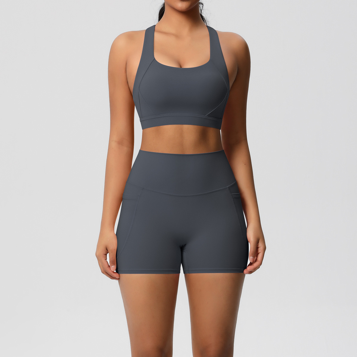 Women Wide Strap Cross Back Yoga 2-Piece Outfit, U Neck Sports Bra 10 Colors, High Waist Pocket Biker Shorts 10 Colors, YFYS7110+YFYS7109