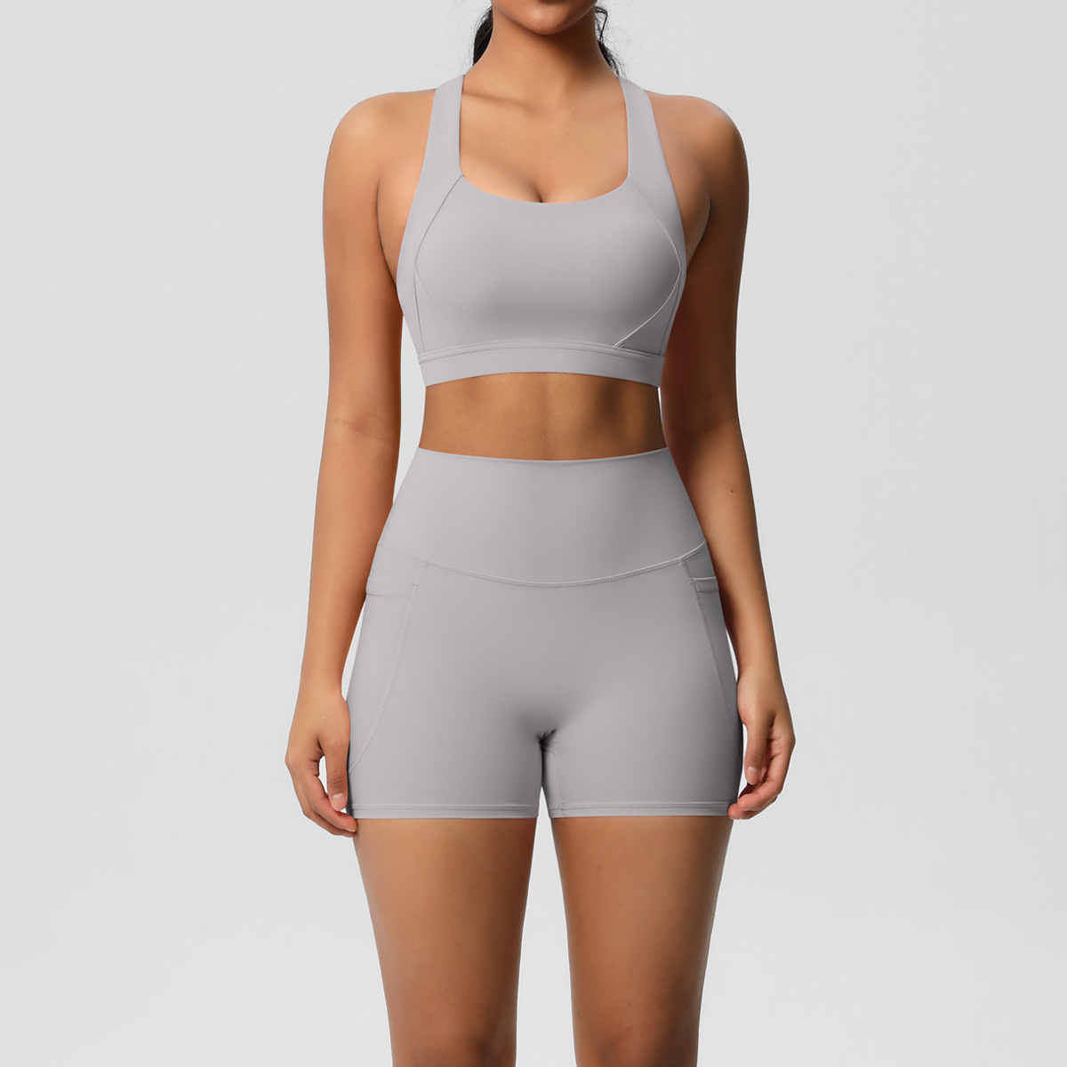 Women Wide Strap Cross Back Yoga 2-Piece Outfit, U Neck Sports Bra 10 Colors, High Waist Pocket Biker Shorts 10 Colors, YFYS7110+YFYS7109