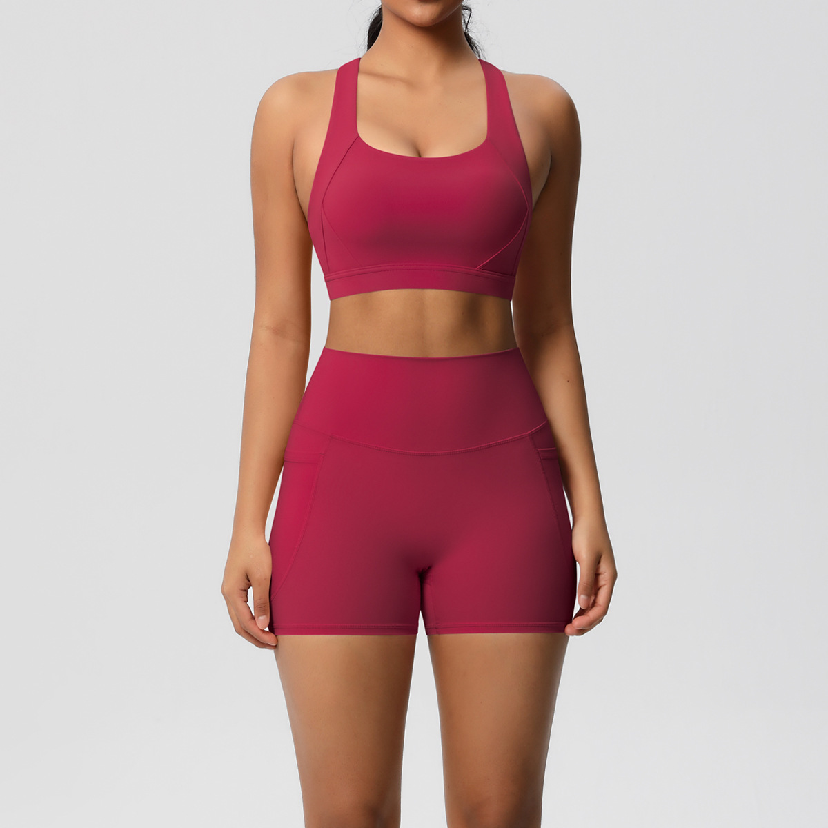 Women Wide Strap Cross Back Yoga 2-Piece Outfit, U Neck Sports Bra 10 Colors, High Waist Pocket Biker Shorts 10 Colors, YFYS7110+YFYS7109