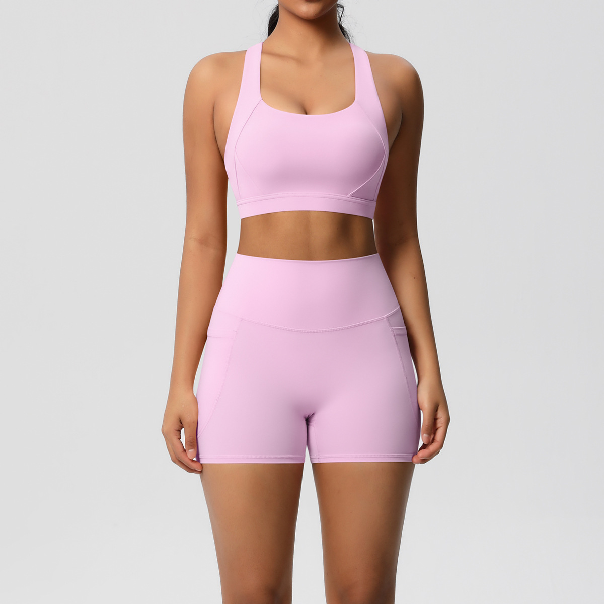 Women Wide Strap Cross Back Yoga 2-Piece Outfit, U Neck Sports Bra 10 Colors, High Waist Pocket Biker Shorts 10 Colors, YFYS7110+YFYS7109