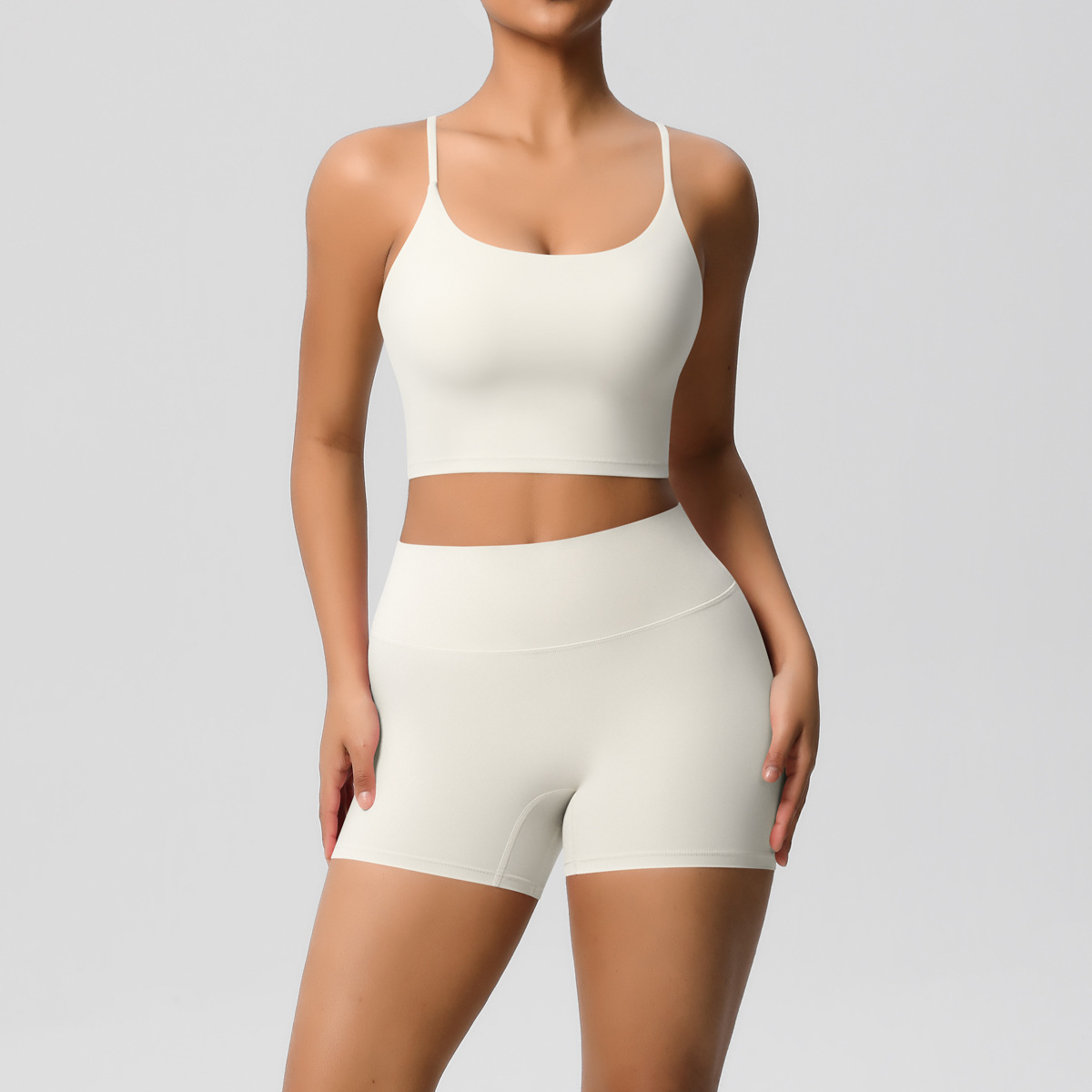 Naked Soft Fitness Set, Thin Strap Back Sports Bra 15 Colors, Tummy Control Compression Shorts 15 Colors, YFYS7121+YFYS7101