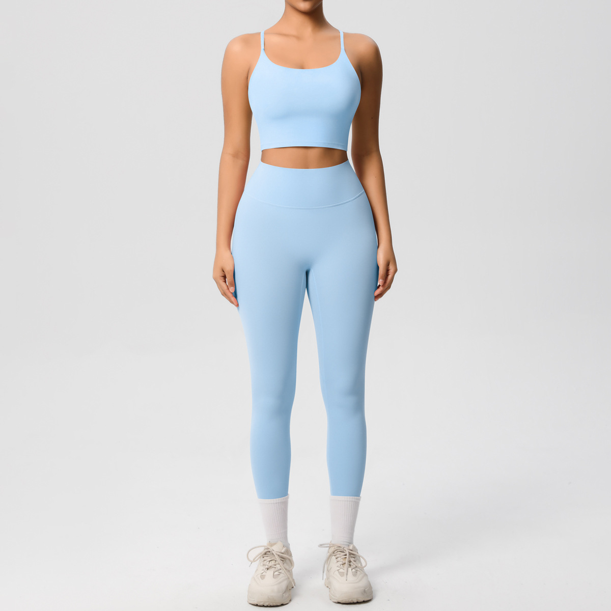 Naked Soft Fitness Set, Thin Strap Back Sports Bra 15 Colors, Tummy Control Full Length Leggings 15 Colors, YFYS7121+YFYS7100