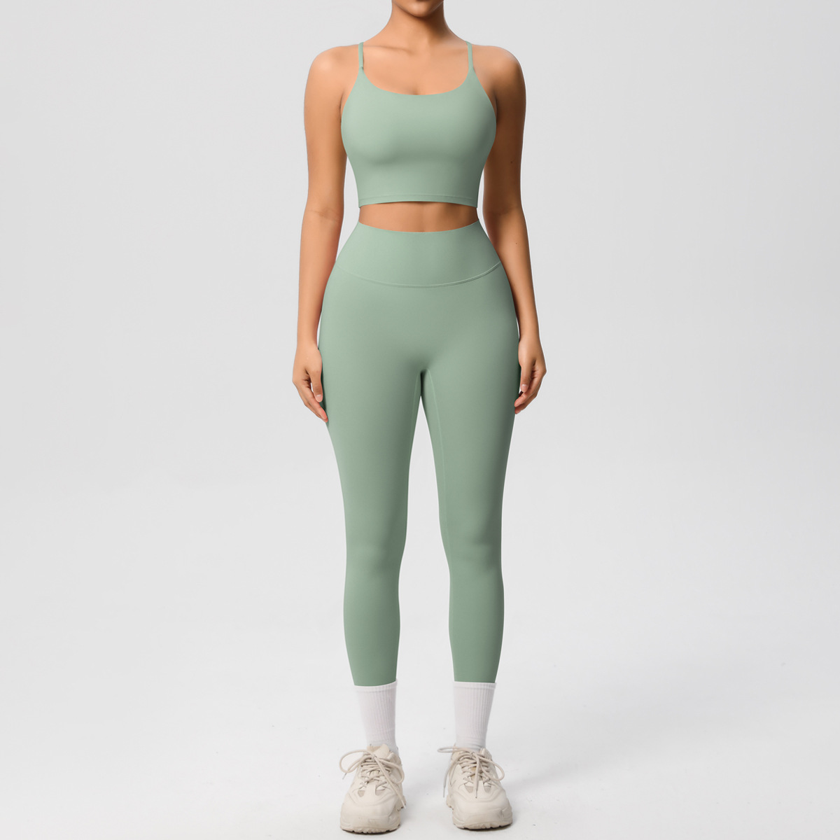 Naked Soft Fitness Set, Thin Strap Back Sports Bra 15 Colors, Tummy Control Full Length Leggings 15 Colors, YFYS7121+YFYS7100