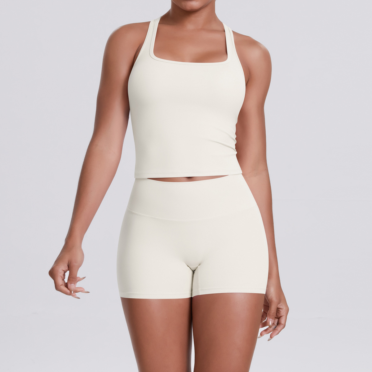 Naked Soft Fitness Set, Sleeveless Racerback Top 10 Colors, Hip Lifting Matching Shorts 10 Colors, YFYS7122+YFYS7101
