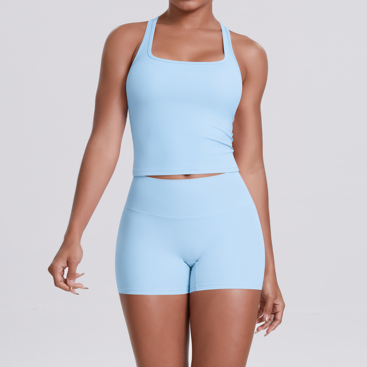 Naked Soft Fitness Set, Sleeveless Racerback Top 10 Colors, Hip Lifting Matching Shorts 10 Colors, YFYS7122+YFYS7101
