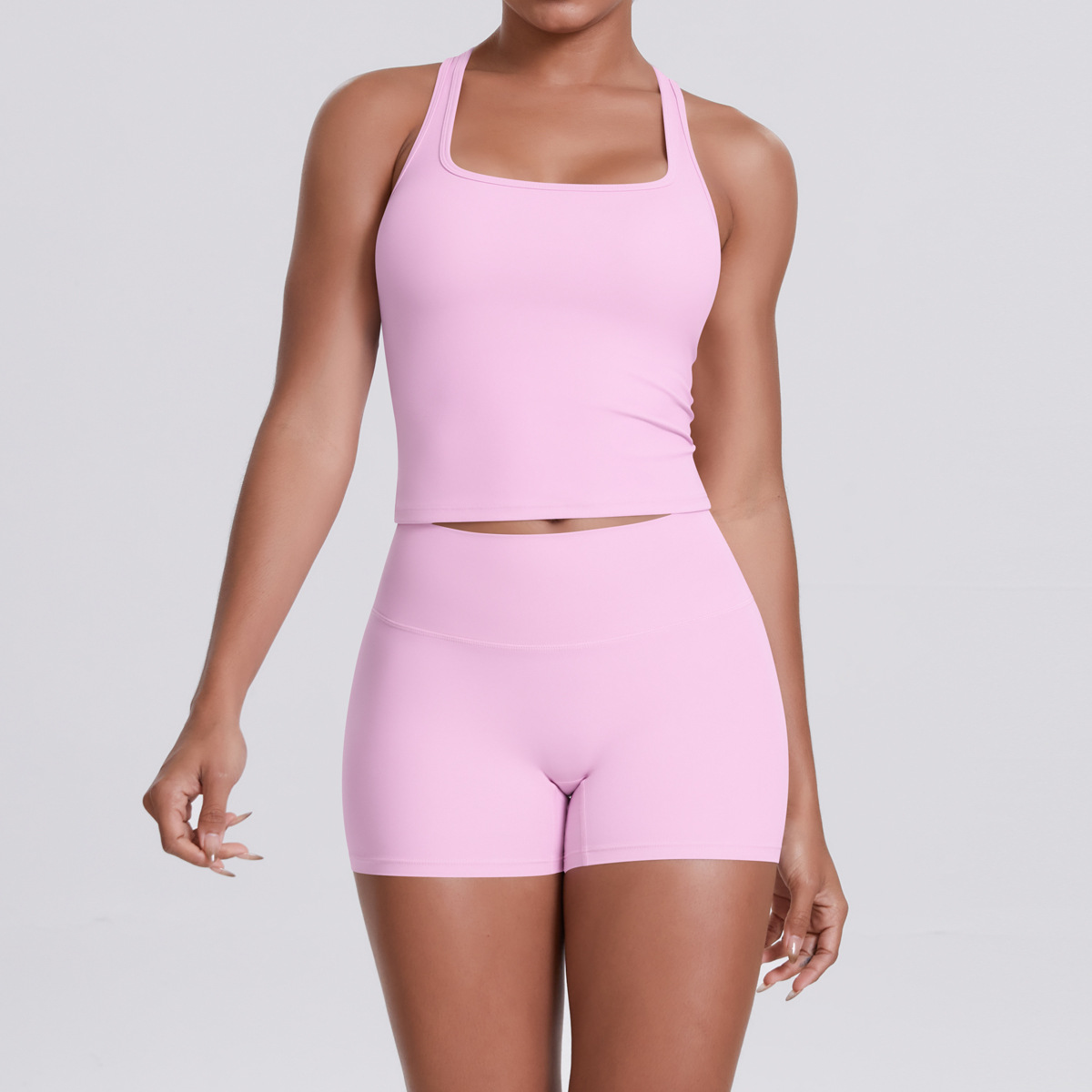 Naked Soft Fitness Set, Sleeveless Racerback Top 10 Colors, Hip Lifting Matching Shorts 10 Colors, YFYS7122+YFYS7101