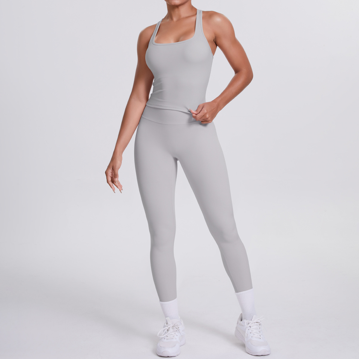Daily Casual Yoga Matching Outfit, Sleeveless Racerback Long Top 10 Colors, Butt Lifting Ankle Length Leggings 10 Colors, YFYS7122+YFYS7100