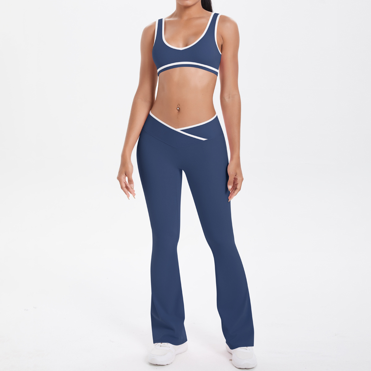 Quick Dry Training Set, White Piping Sleeveless Bra 7 Colors, Cross Waist Anti Roll Flare Leggings 7 Colors, YFYS7120+YFYS7116