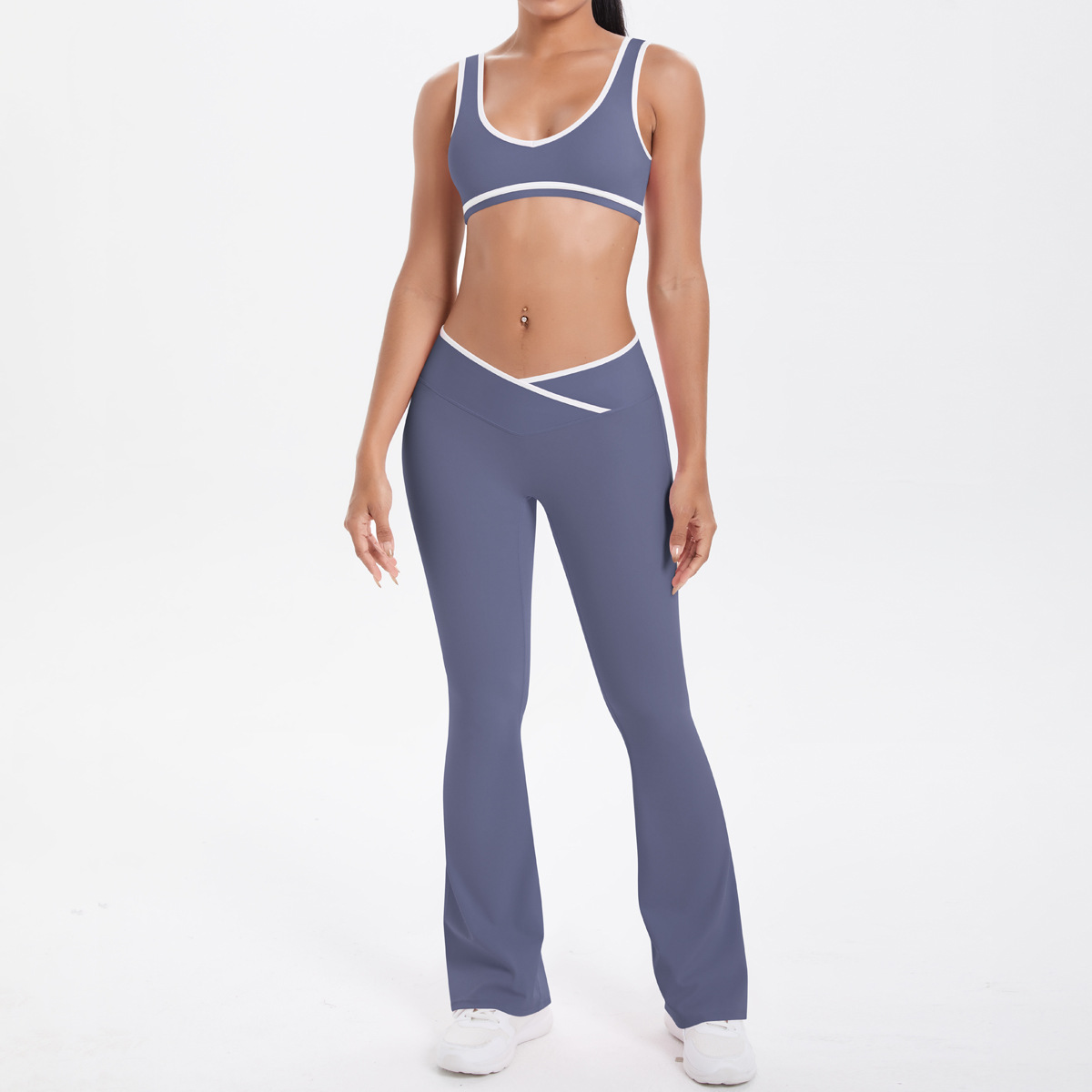 Quick Dry Training Set, White Piping Sleeveless Bra 7 Colors, Cross Waist Anti Roll Flare Leggings 7 Colors, YFYS7120+YFYS7116