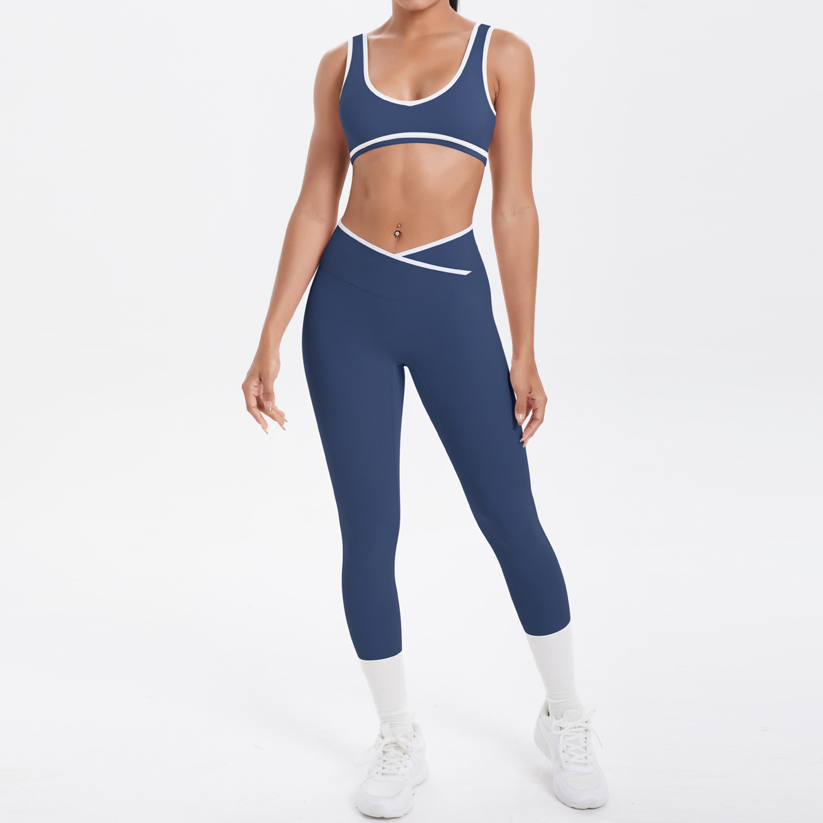 Quick Dry Training Set, White Piping Sleeveless Bra 7 Colors, Cross Waist Anti Roll Cropped Leggings 7 Colors, YFYS7120+YFYS7118