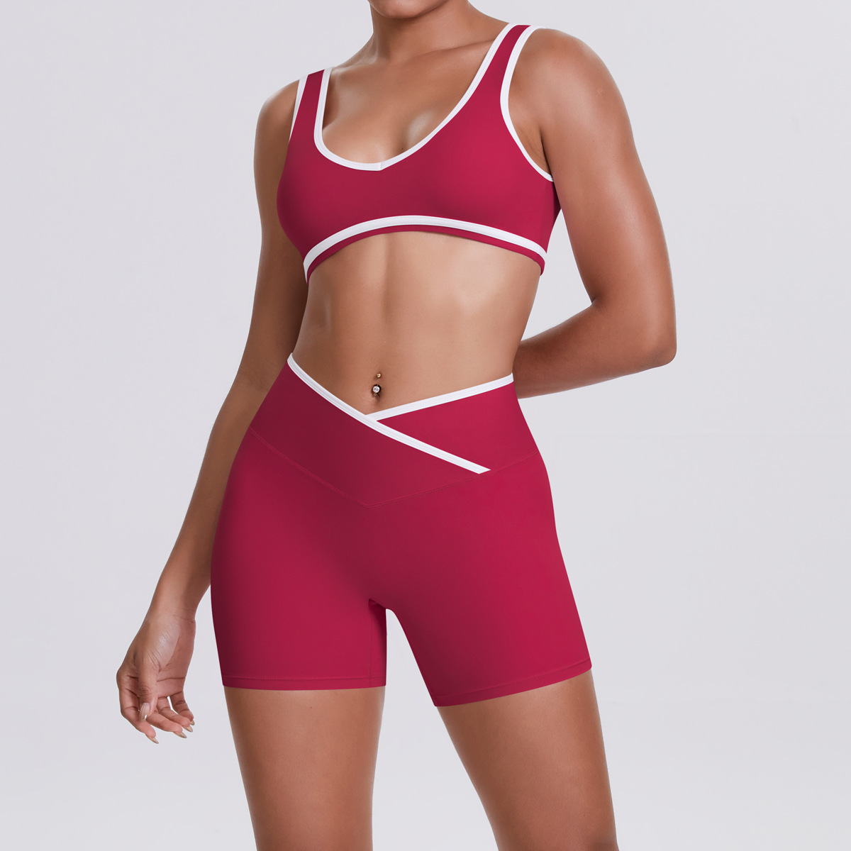 Medium Support Gym Suit, White Edge U Neck Sports Top 7 Colors, Wrap Waist Workout Shorts 7 Colors, YFYS7120+YFYS7117