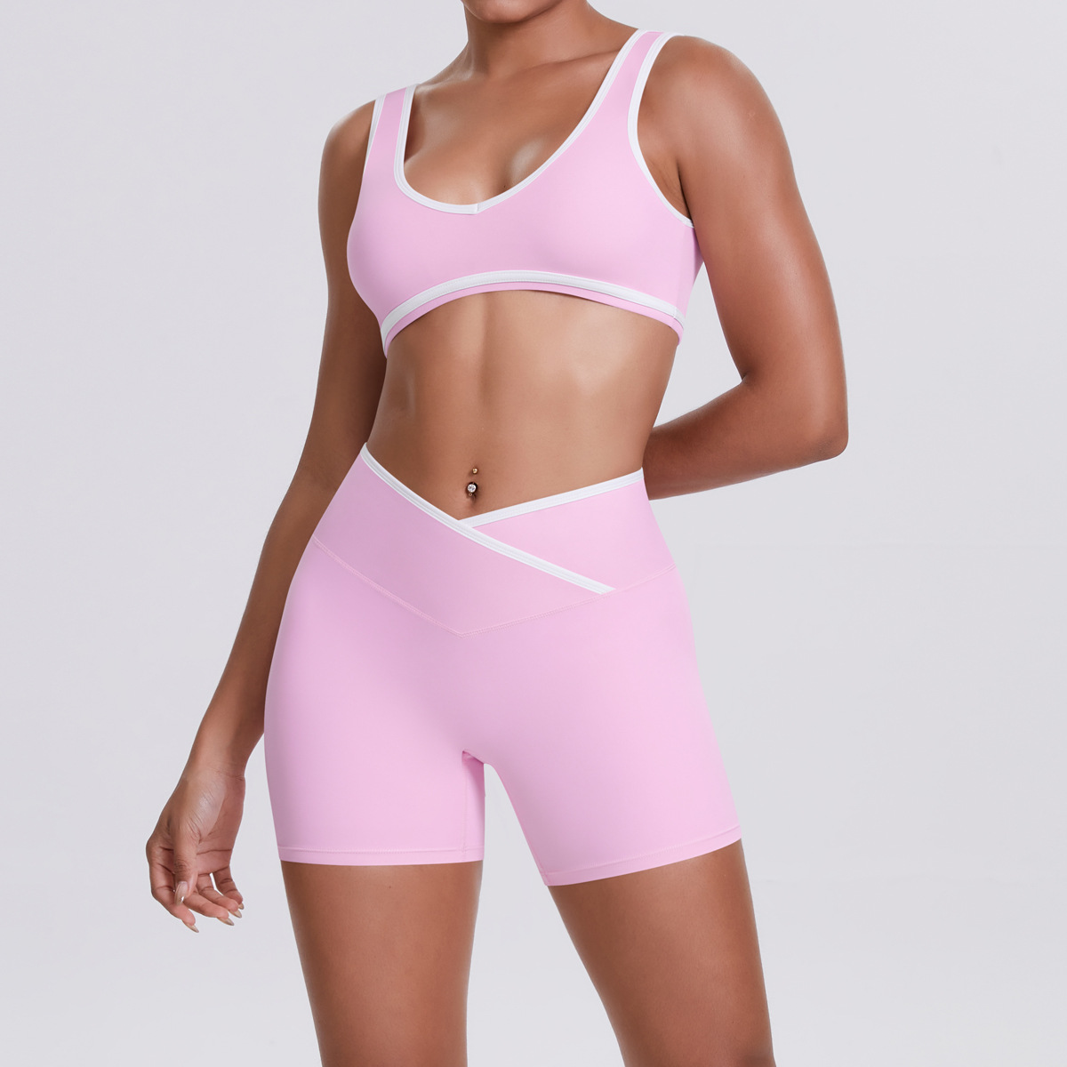 Medium Support Gym Suit, White Edge U Neck Sports Top 7 Colors, Wrap Waist Workout Shorts 7 Colors, YFYS7120+YFYS7117