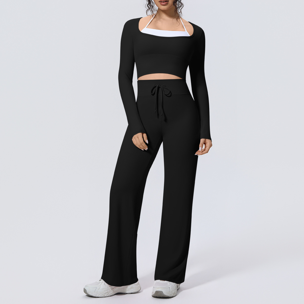 Light Fashion Matching Outfit, Layered Long Sleeve Top 5 Colors, Drawstring Waist High Waist Pants 5 Colors, YFYS7145+YFYS7144