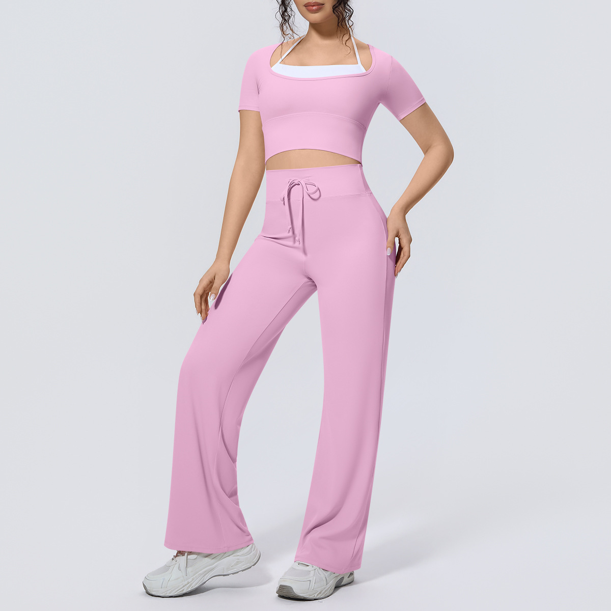 Lightweight Fashion Matching Outfit, Fake Two-Piece Short Sleeve Top 5 Colors, Wide Leg Training Pants 5 Colors, YFYS7146+YFYS7144